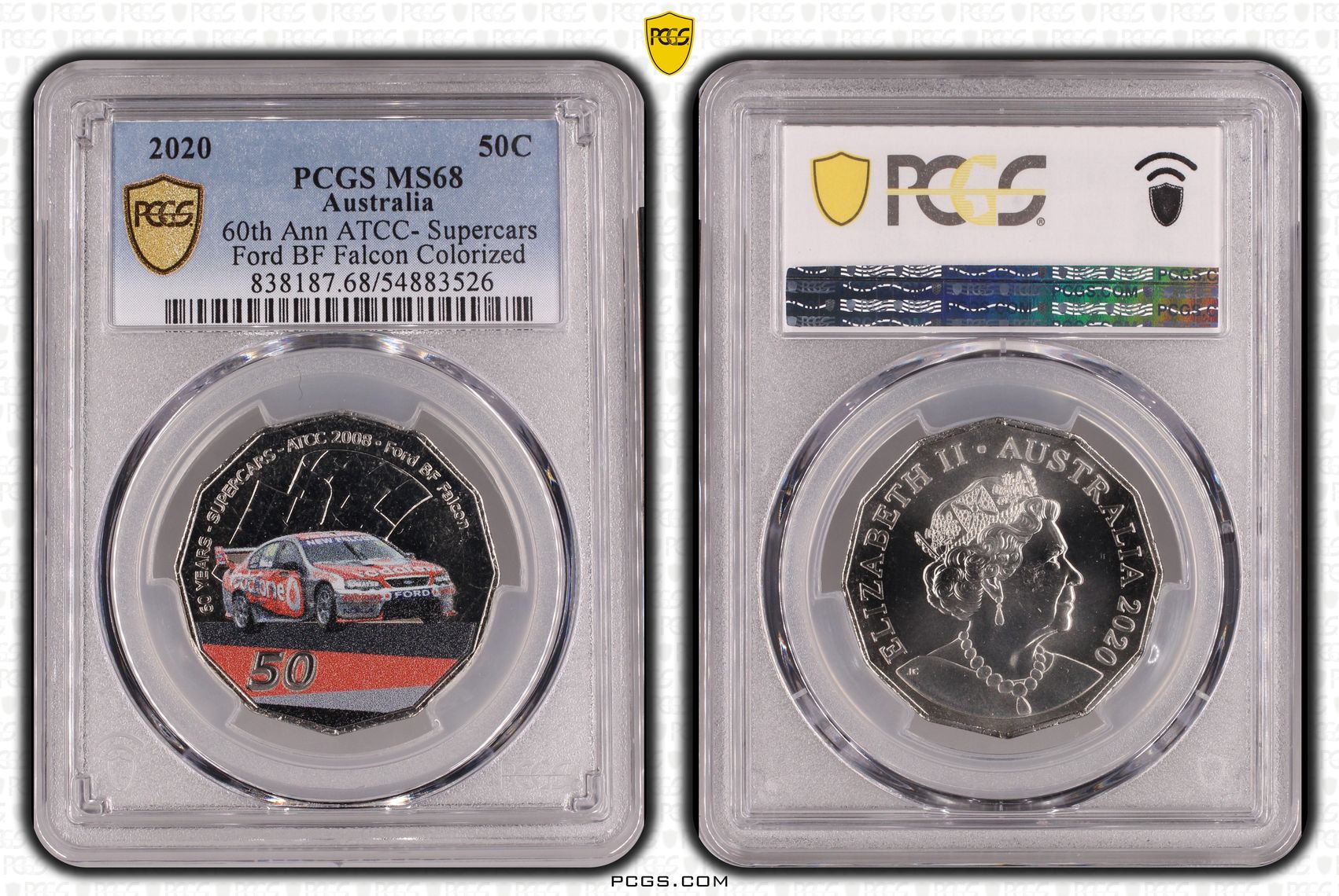 60th Ann ATCC- Supercars Ford BF Falcon Colorized, Fifty Cent, 2020, PCGS MS68