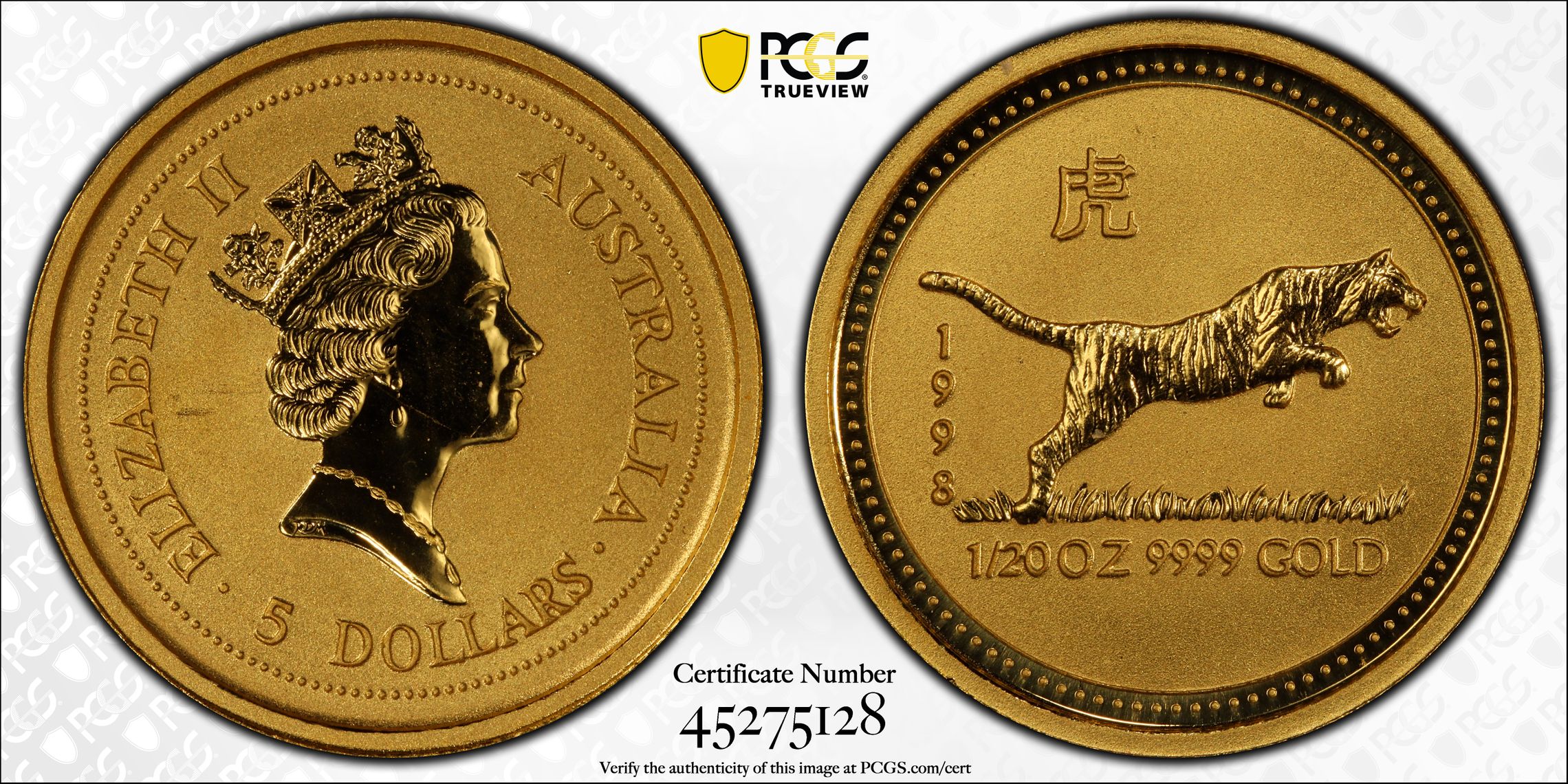 1998 Australia Five Dollar, Gold $5 Year of the Tiger PCGS - MS69 -128