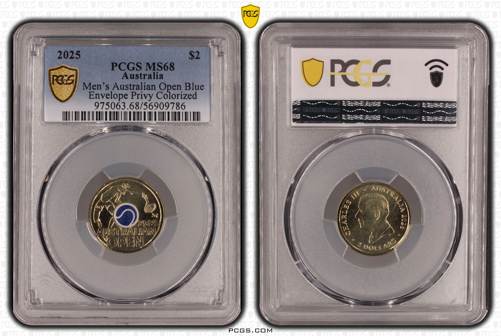 Men's Australian Open Blue Envelope Privy Colourised, Two Dollar, 2025, PCGS MS68