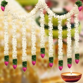 THICCYWOOV 30 INCH DIWALI DECORATIONS ARTIFICIAL JASMINE GARLAND WITH LOTUS BUDS POOJA DECORATION INDIAN TRADITIONAL MOGRA JASMINE
