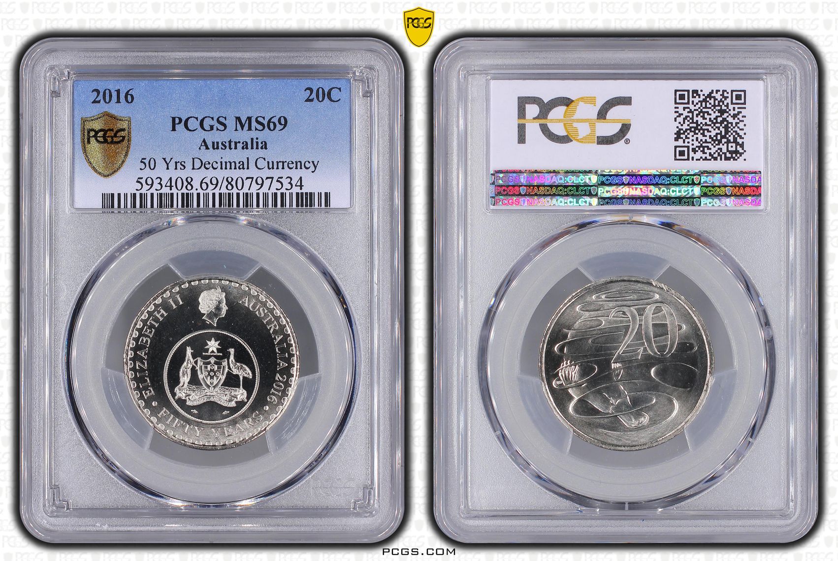 Elizabeth II, 50 Yrs Decimal Currency, Twenty Cent, 2016, PCGS MS69