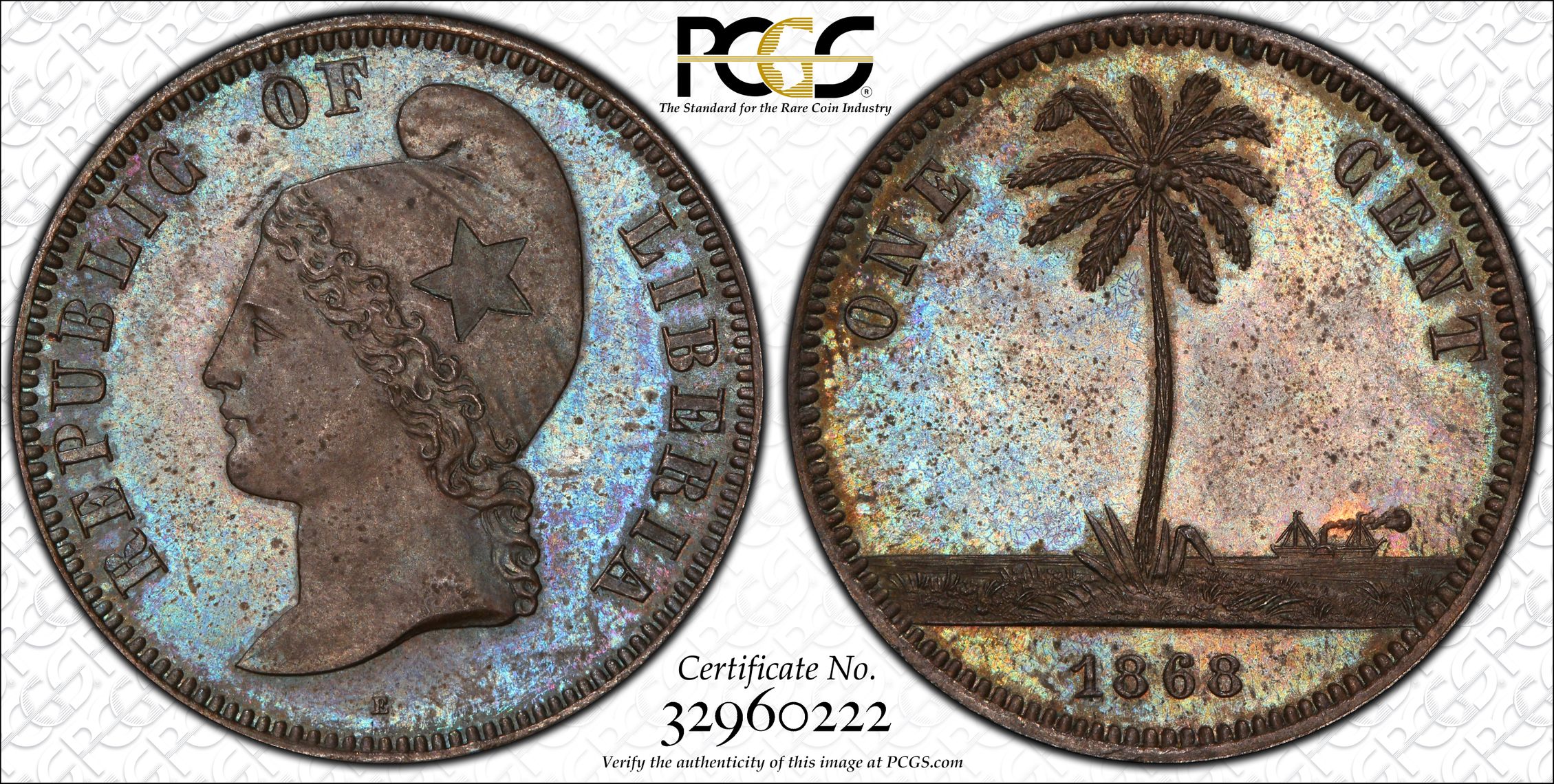 Liberia, KM-Pn15, One Cent, 1868, PCGS SP62BN