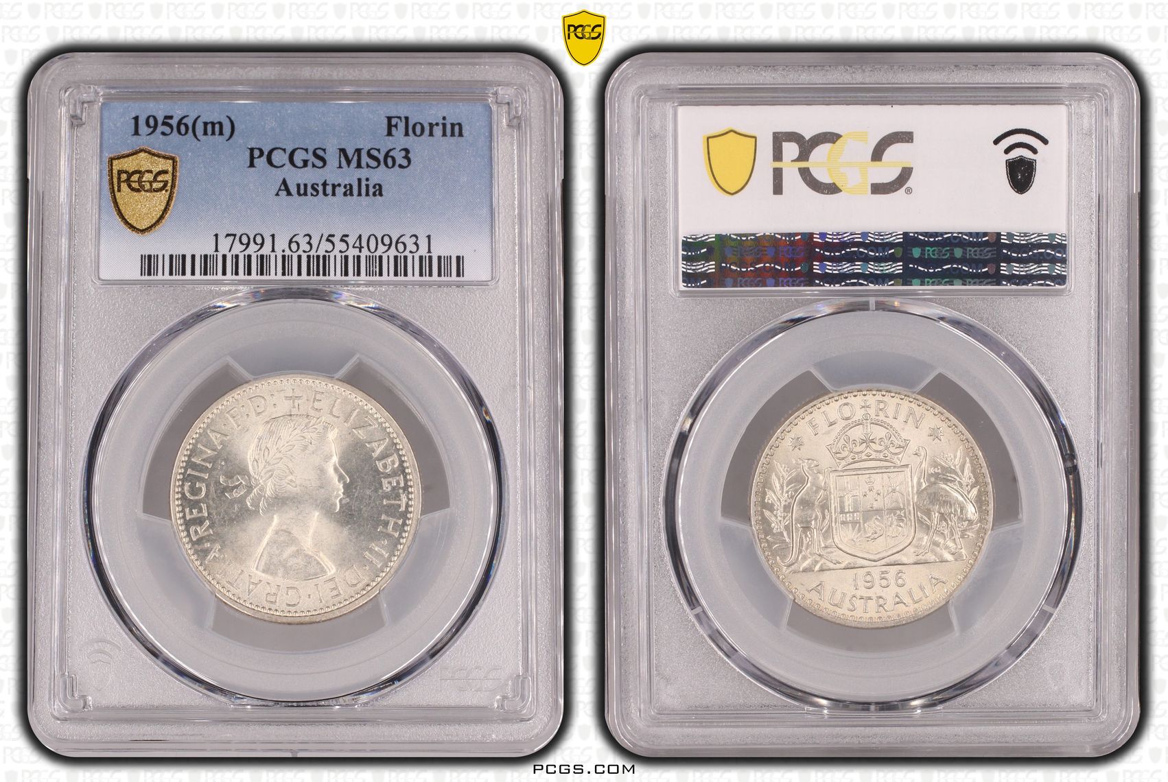 92 · Elizabeth II, Florin, 1956(m), PCGS MS63