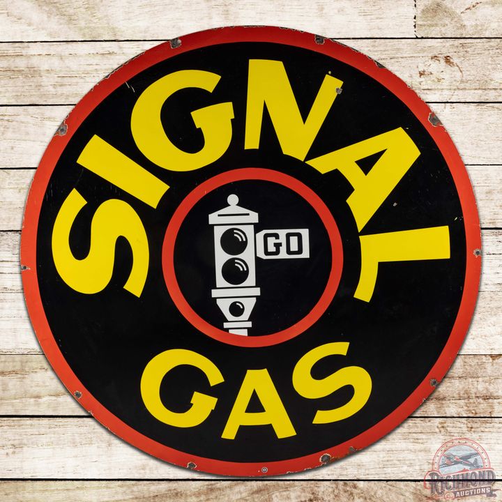 Signal Gasoline 6' Double Sided Porcelain ID Sign w/ Black Stop Light Logo