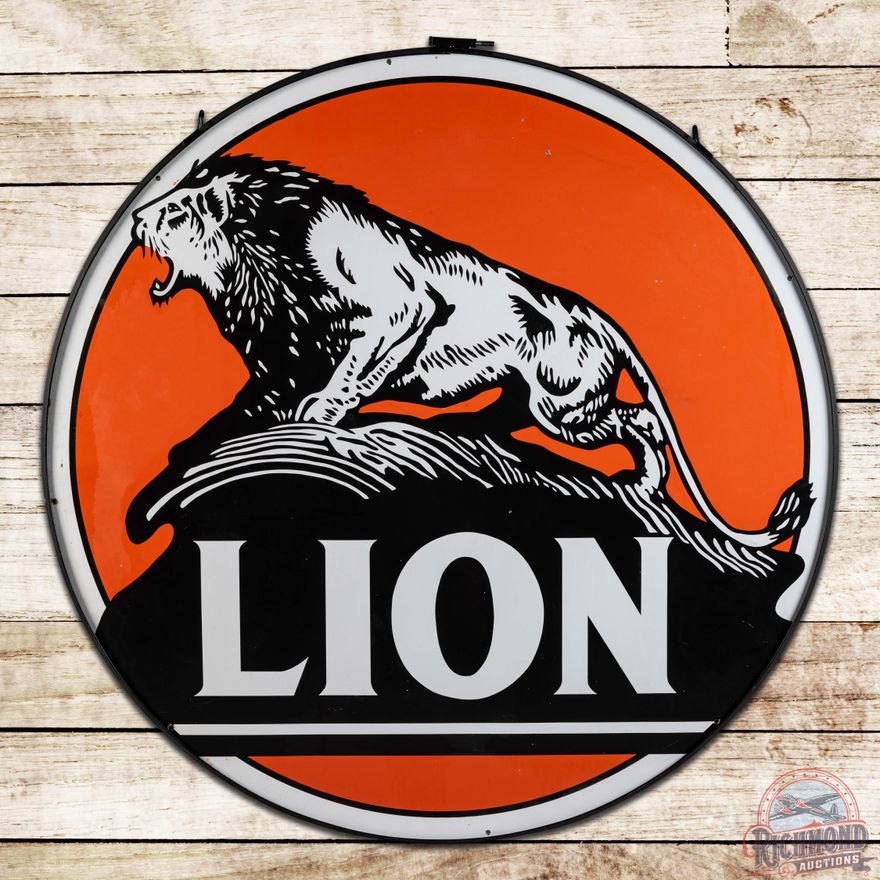 Exceptional Lion Gasoline 6' Double Sided Porcelain ID Sign w/ Ring "Lion on the Rock" Logo