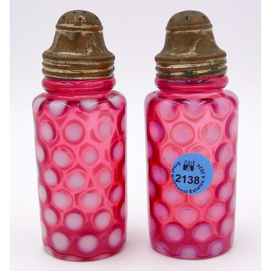 Pair Antique Cranberry Coin Dot Glass Shakers 4.5''