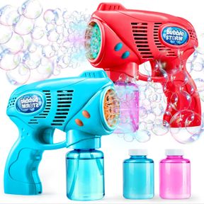 JOYIN 2 BUBBLE GUNS WITH 2 BUBBLE REFILL SOLUTION (10 OZ TOTAL), BUBBLES MAKER, BLOWER, MACHINE GUN BLASTER FOR KIDS, TODDLERS, OU