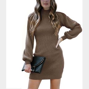 G&Y WOMEN TURTLENECK LONG SLEEVE KNIT - SLIM SWEATER BODYCON MINI SWEATER DRESS (BROWN, XL)