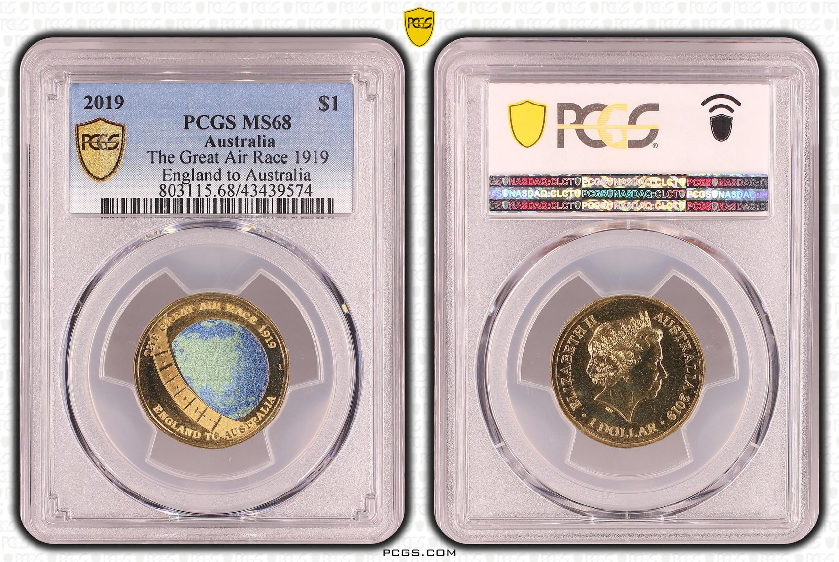 96 · Elizabeth II, The Great Air Race 1919 England to Australia, One Dollar, MS68 , 2019