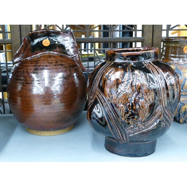 2pc Ed Brannan Tenmoku Sculptural Vessels 9'' to 12''