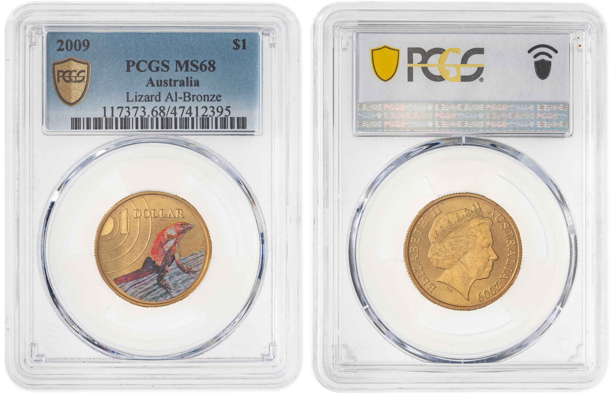 343 · Elizabeth II, Lizard Al-Bronze Colorized, One Dollar, 2009, PCGS MS68
