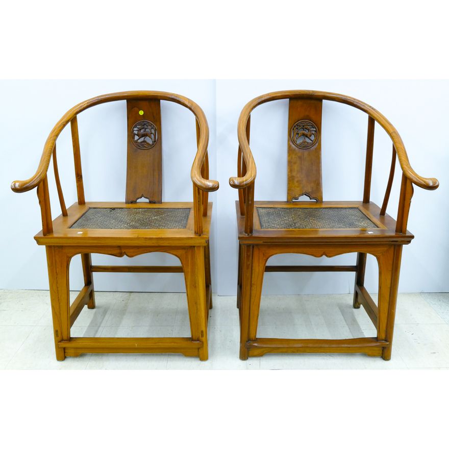 Pair Old Chinese Elmwood Horseshoe Chairs 39''x27''x24''
