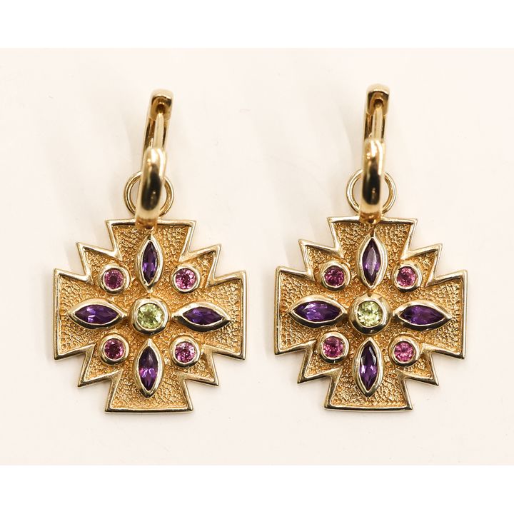 Pair 14k Gemstone Cross Drop Earrings