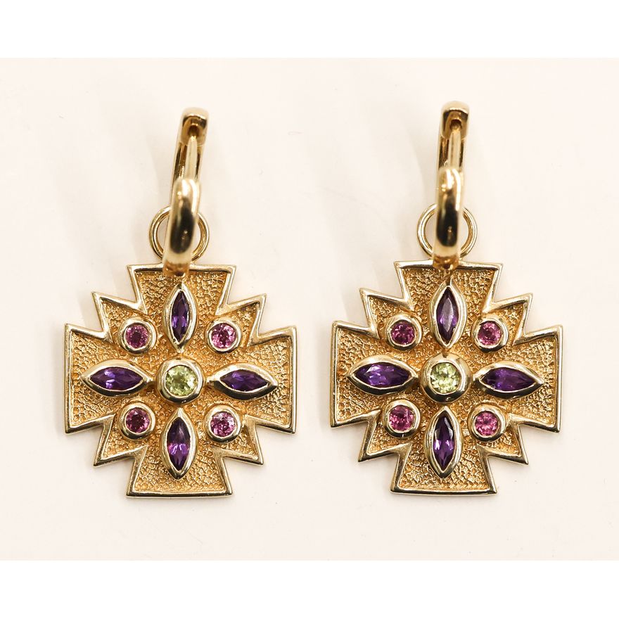 Pair 14k Gemstone Cross Drop Earrings