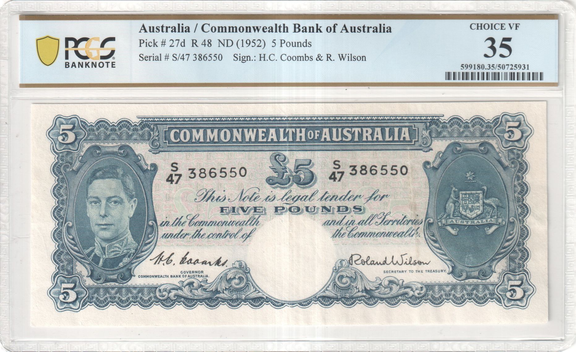 Five Pounds, 1952, PCGS Choice VF 35
