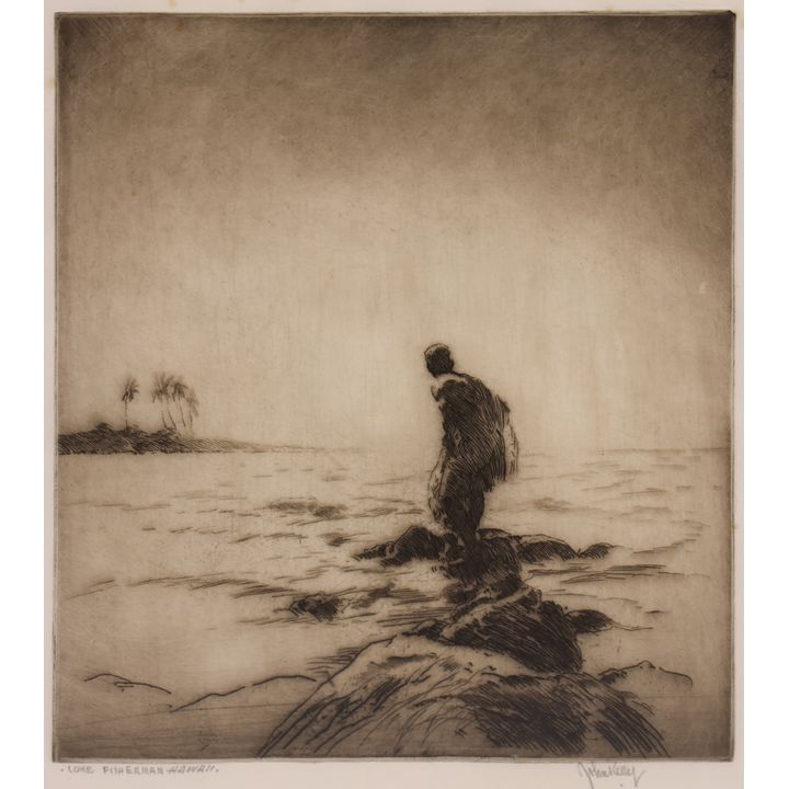 John Kelly ''Lone Fisherman, Hawaii'' Etching with Drypoint