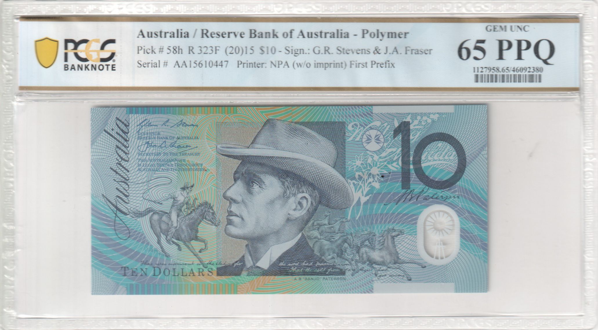 2015 $10 Stevens/Fraser Gem Unc 65 PPQ First Prefix