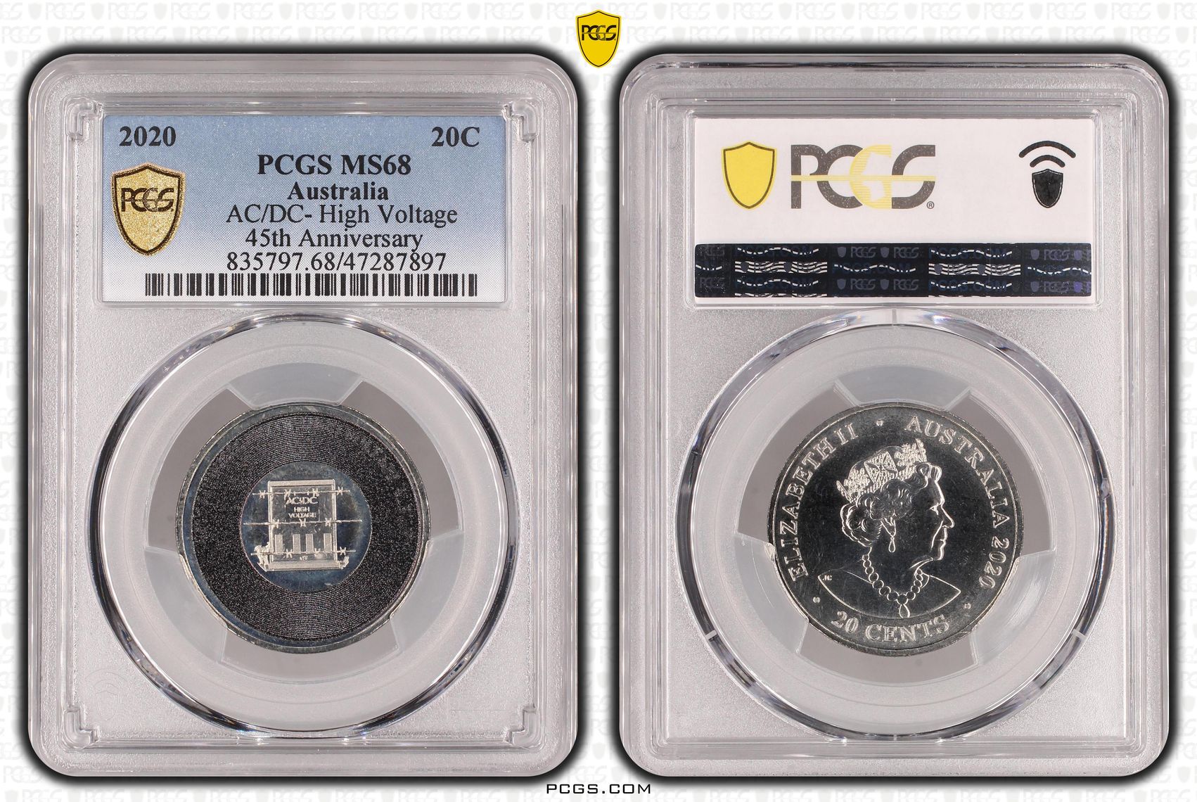 Elizabeth II, AC/DC- High Voltage 45th Anniversary, Twenty Cent, 2020, PCGS MS68