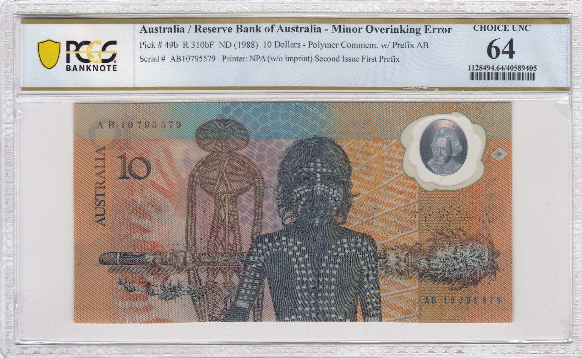 Minor Overinking Error, NPA (w/o imprint), Polymer Commem. w/ Prefix AB, Second Issue First Prefix, Ten Dollar, 1988, PCGS Choice UNC 64