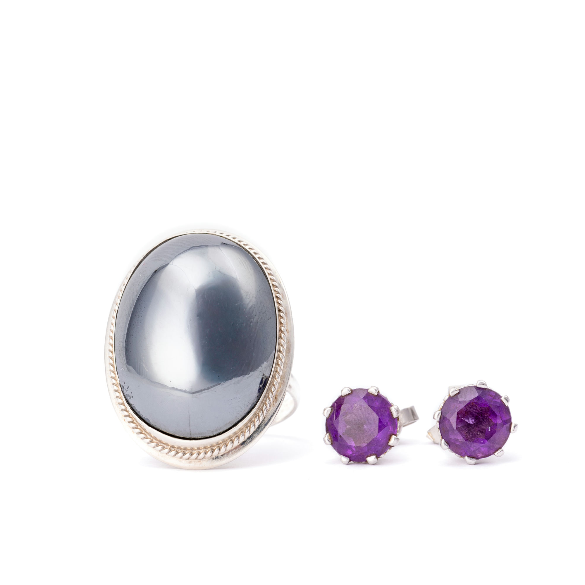 Hematite Ring & Amethyst Earrings in Sterling Silver,