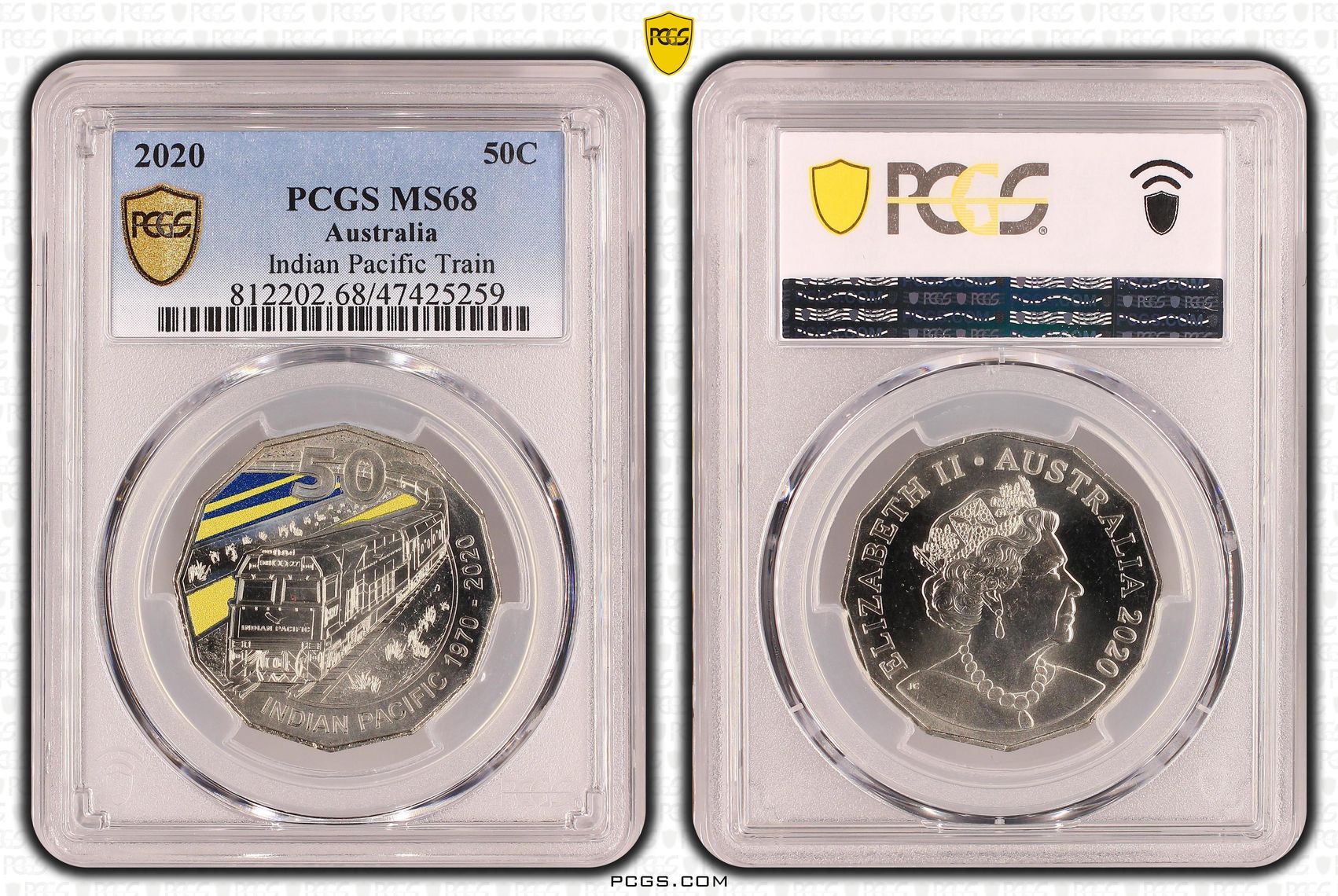 Elizabeth II, Indian Pacific Train, Fifty Cent, 2020, PCGS MS68