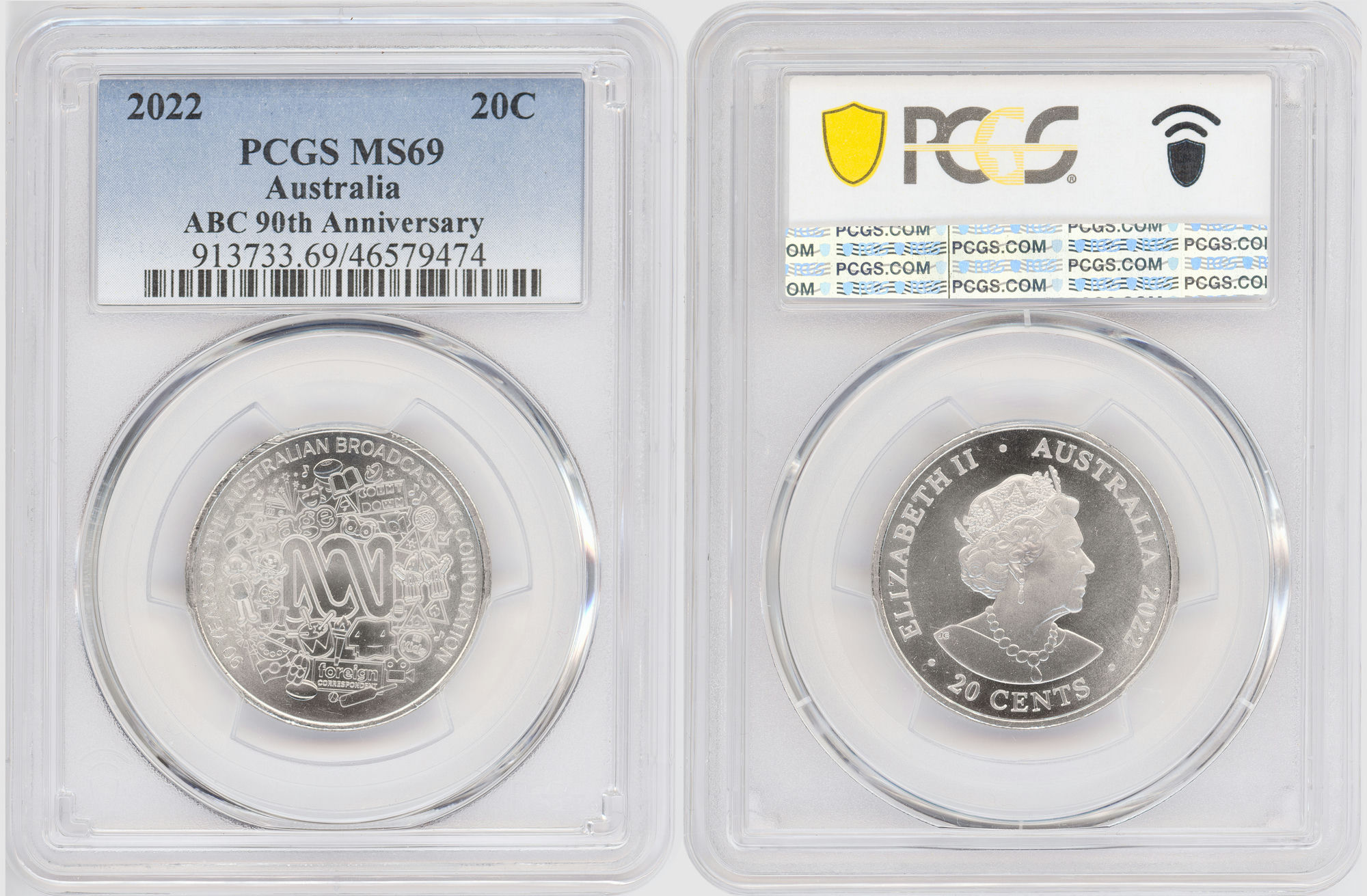 70 · ABC 90th Anniversary , Twenty Cent, 2022, PCGS MS69