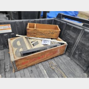 Mid Continent bottle crate and Sunlight Cheese box with flashlight and sign letters