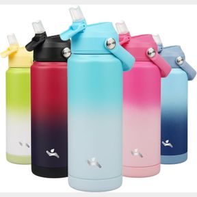 INSULATED WATER BOTTLE WITH STRAW LID,24 OZ STAINLESS STEEL VACUUM METAL BOTTLE WITH SILICONE HANDLE,SEA SALT
