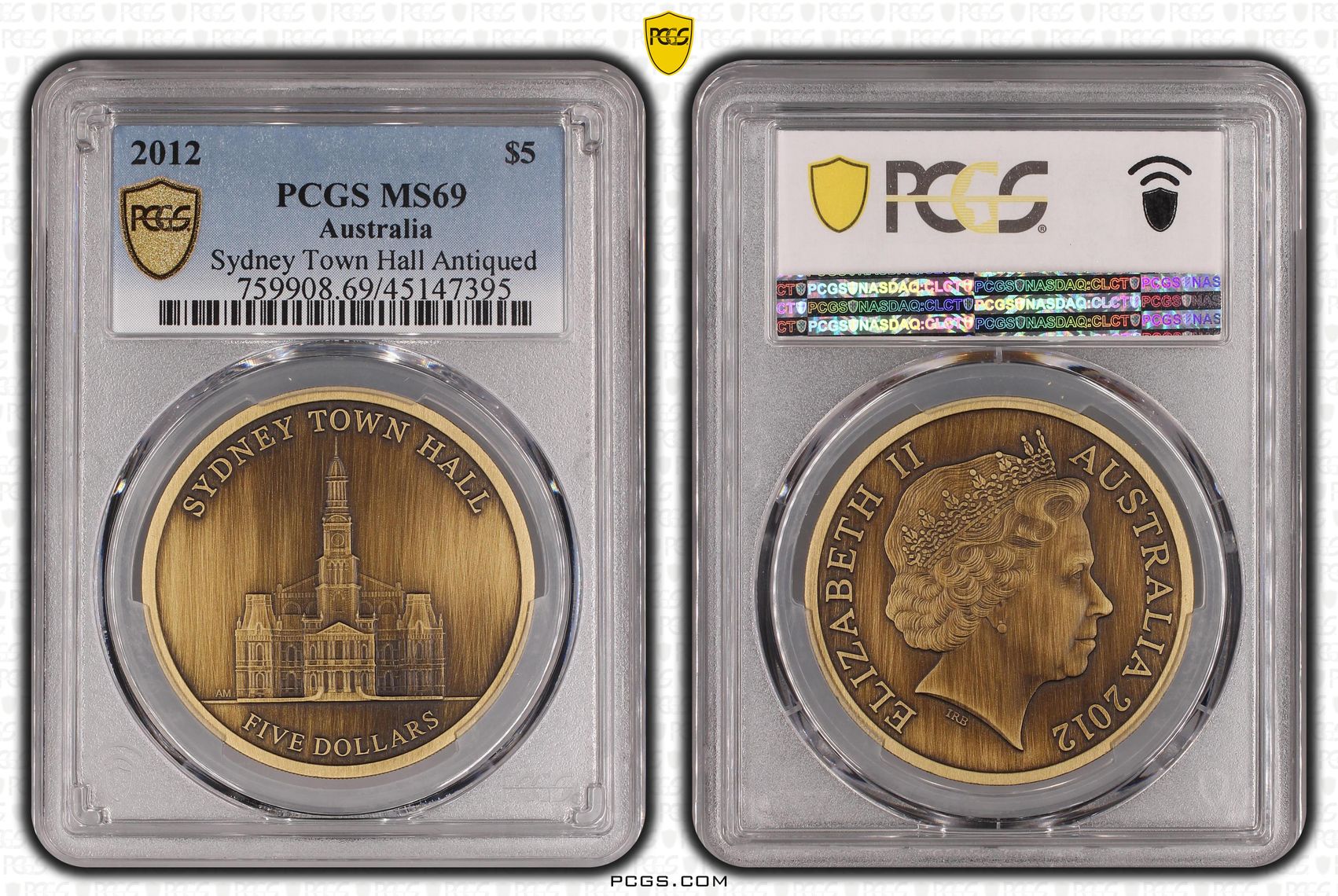 2012 Australia Five Dollar, $5 Sydney Town Hall Antiqued PCGS - MS69 POP 4/0 -395