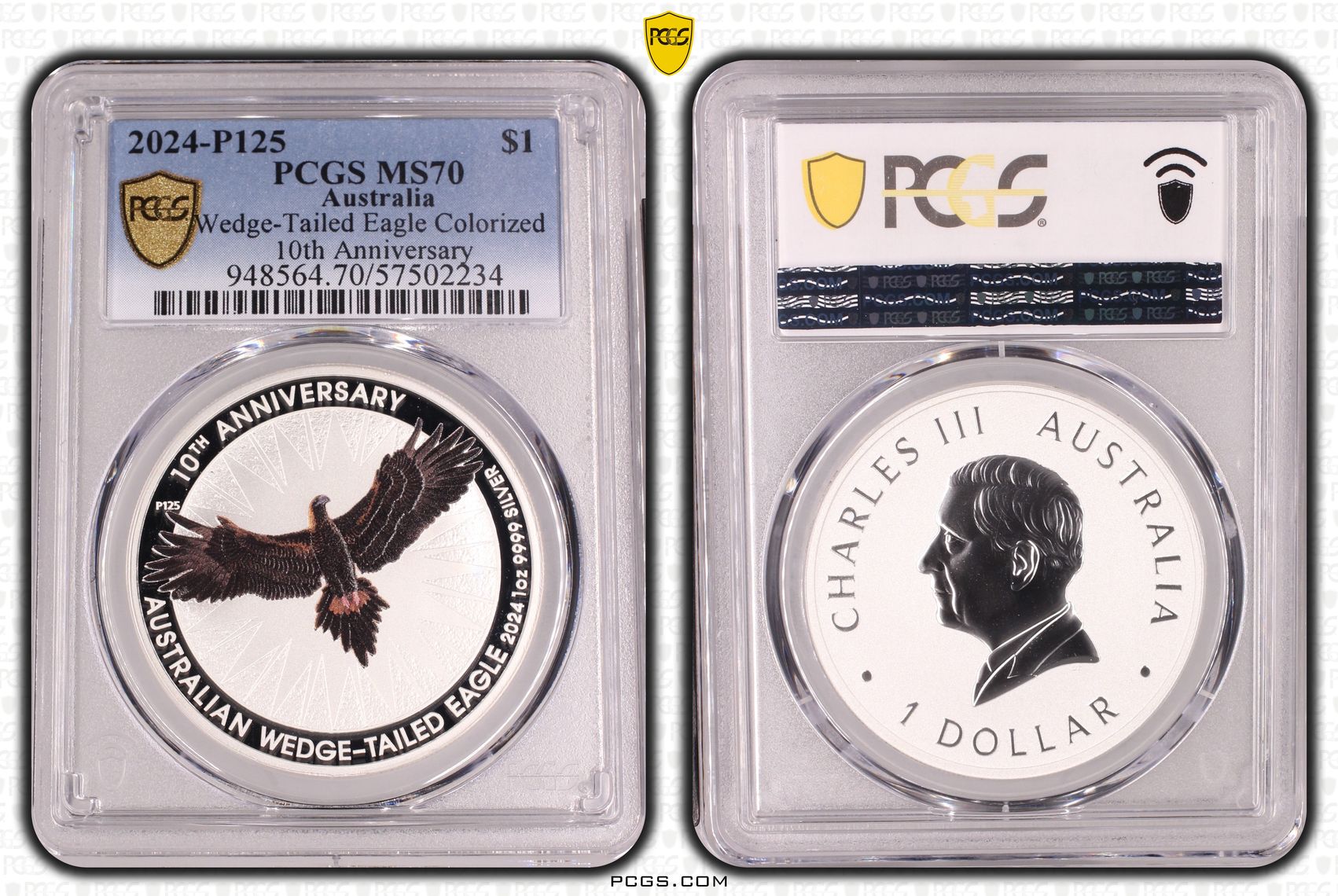 Wedge-Tailed Eagle Colourised 10th Anniversary, POP 13/0, One Dollar, 2024-P125, PCGS MS70