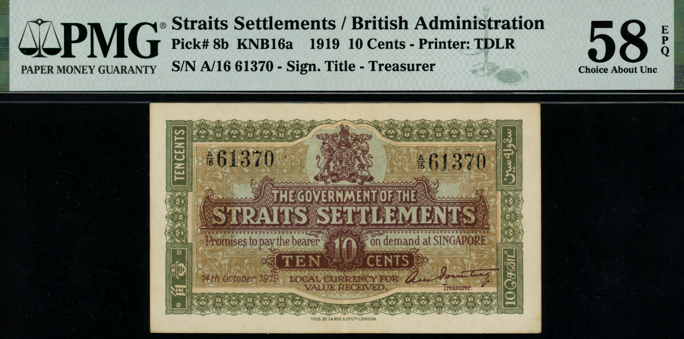 Straits Settlements 1919 10 Cents Green Dragon A/16 61370