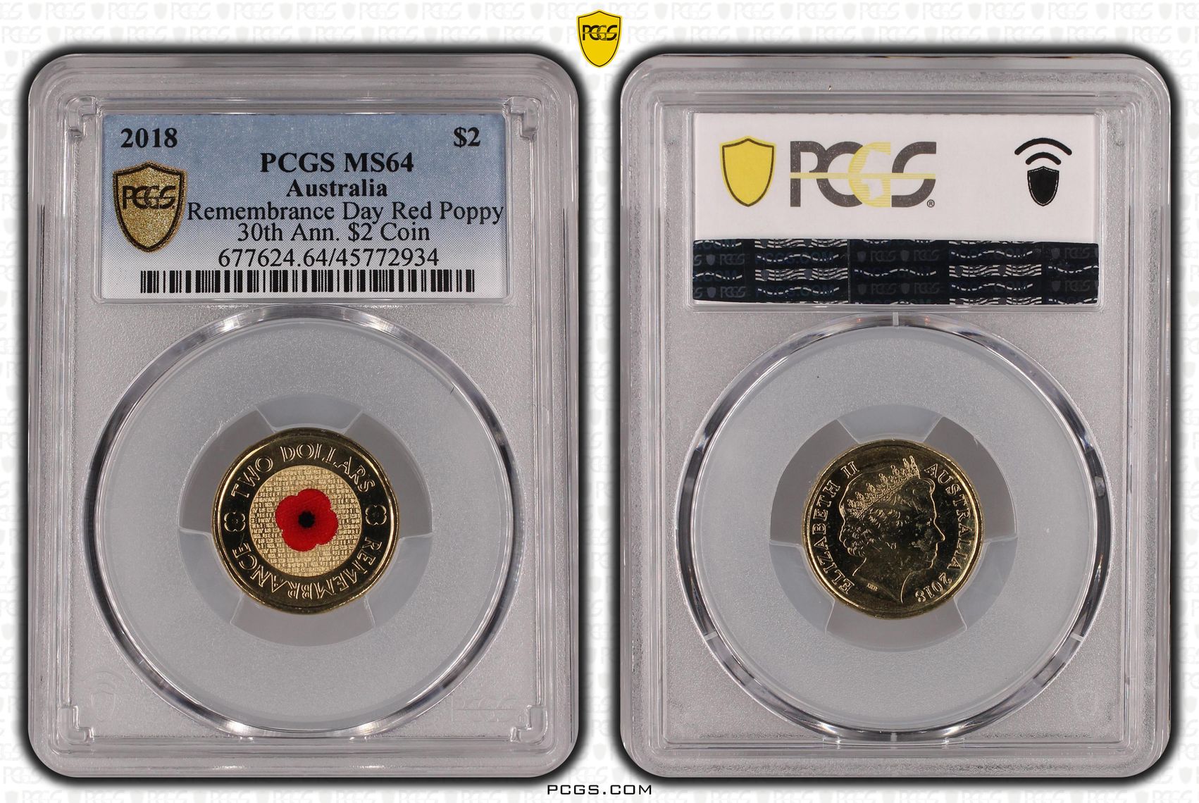 Elizabeth II, Remembrance Day Red Poppy 30th Ann. $2 Coin, Two Dollar, 2018, PCGS MS 64