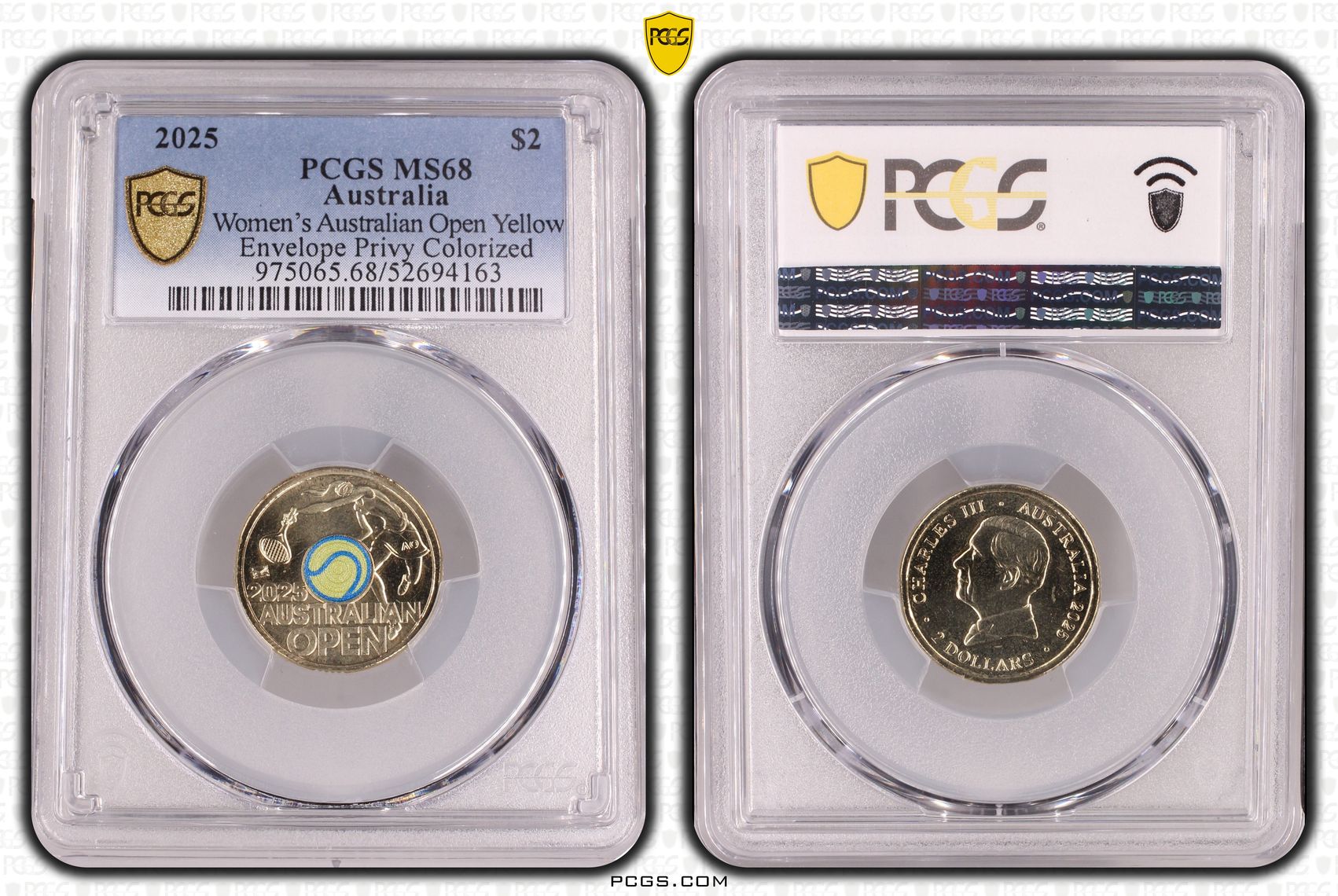 Women's Australian Open Yellow Envelope Privy Colourised, Two Dollar, 2025, PCGS MS68
