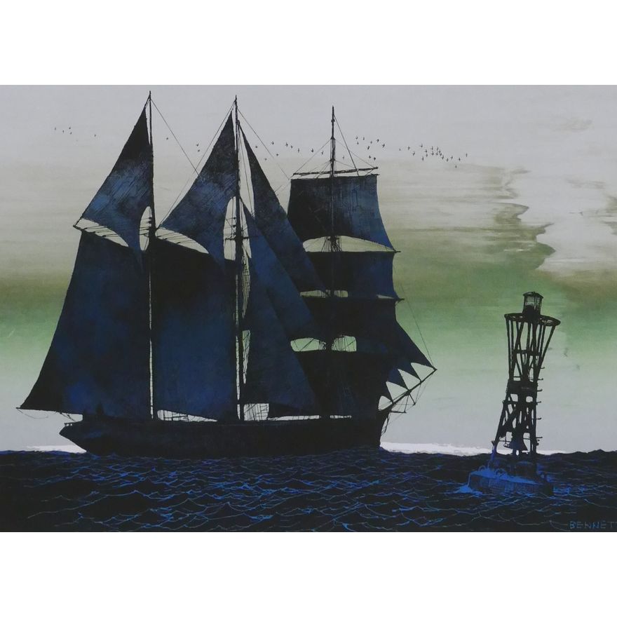 Elton Bennett (1910-1974, WA) 'The Tall Ship' Plate Signed Serigraph Framed- 25x31''- scattered light scratches