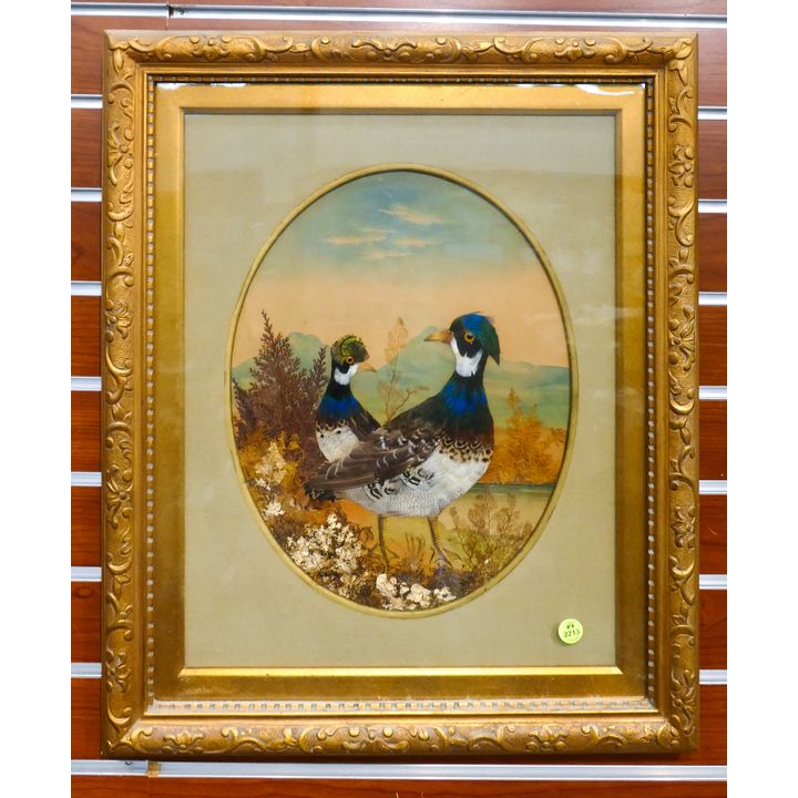 Antique Feather Applique Bird Artwork Framed- 22x18''