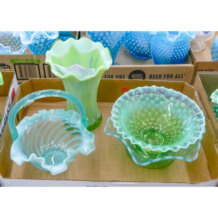 Box 4pc Green Opalescent Glass Assorted