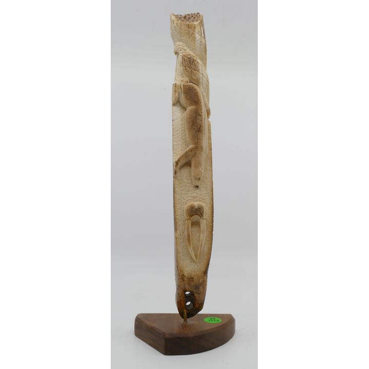Sam Dimmick Alaskan Inuit Carved Animal Petrified Tusk Vertical Fragment on Stand 14''