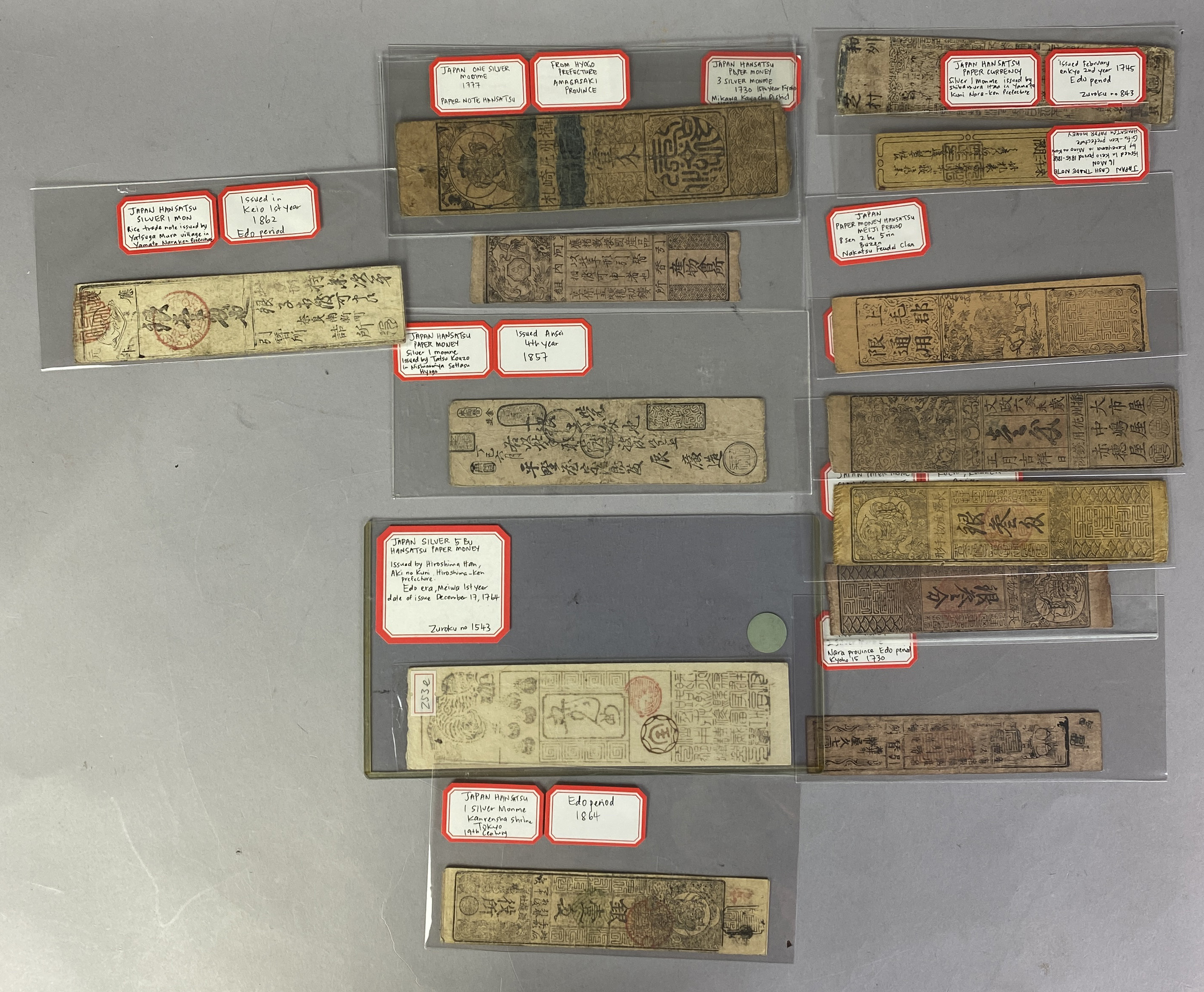 WORLD. Japan. Lot of thirteen (13) banknotes and pieces of merchant ...