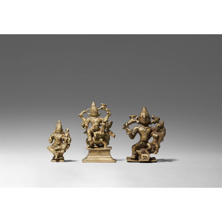 A group of three copper alloy figures of Shiva Parvati. India. 19th century