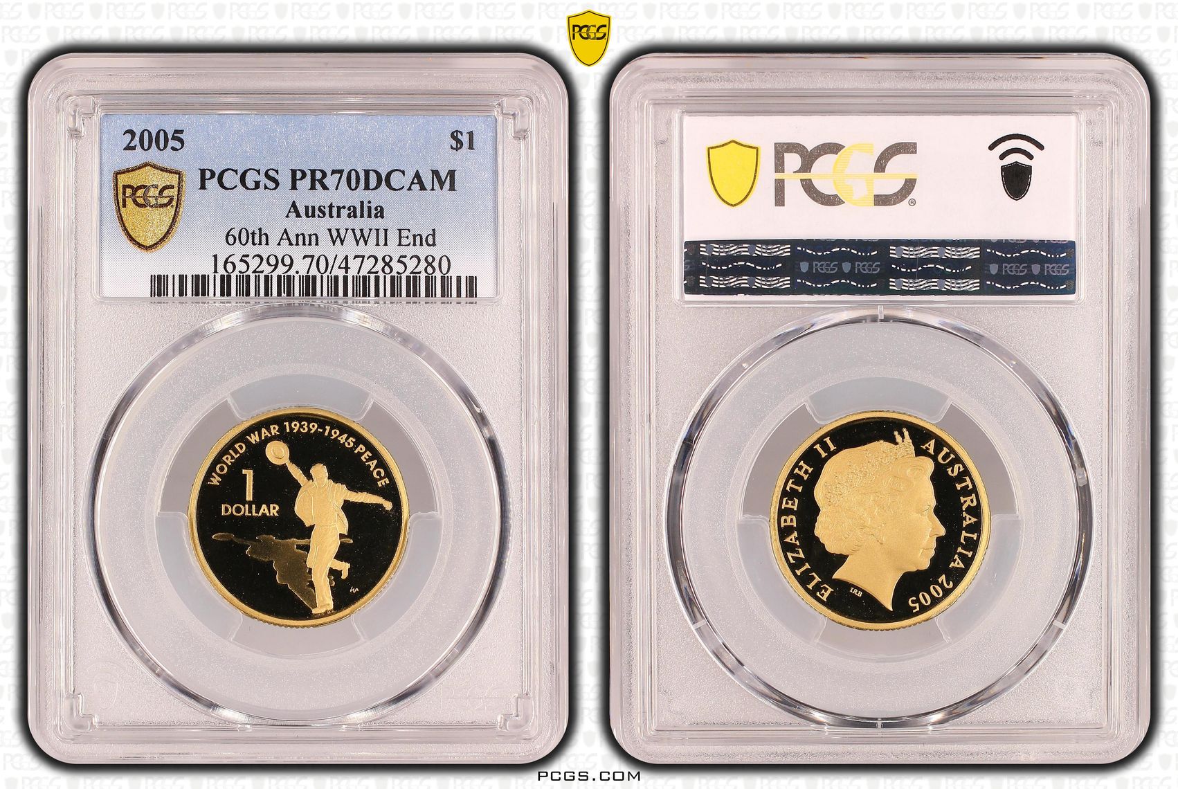 Elizabeth II, 60th Ann WWII End, Pop 7/0, One Dollar, 2005, PCGS PR70DCAM