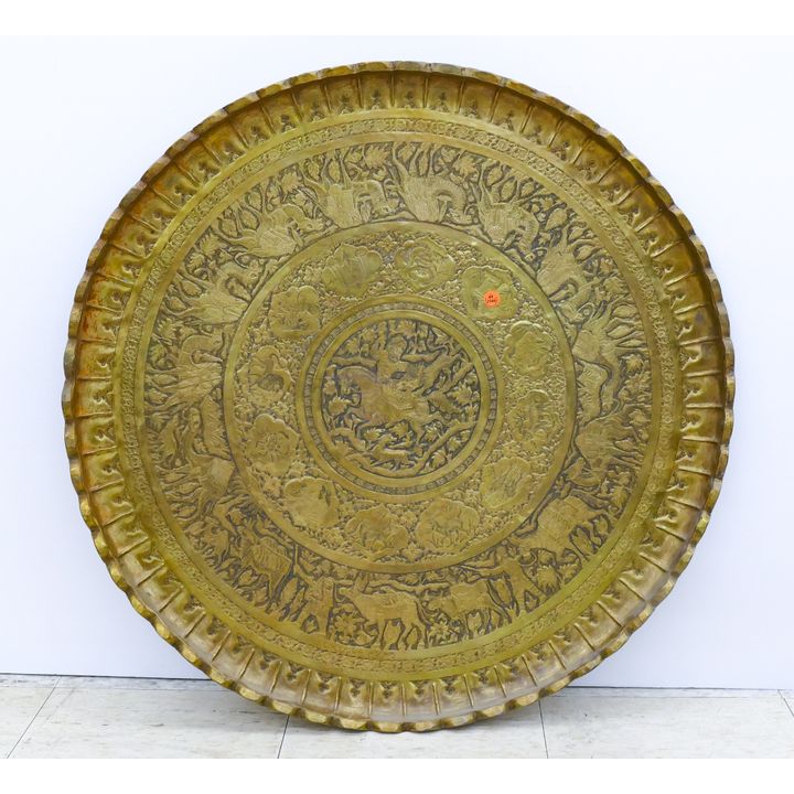 Old Persian Engraved Copper Pictorial Wall Charger 31''