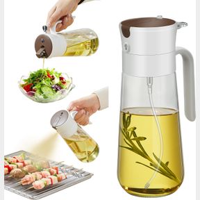 GLASS OLIVE OIL DISPENSER BOTTLE & OIL SPRAYER BOTTLE 2 IN 1 FOR KITCHEN COOKING, AUTO FLIP CAP, 18OZ WHITE