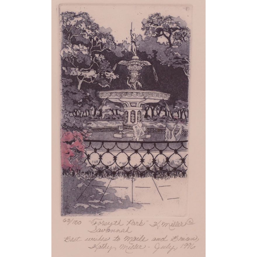 Kathy Miller 'Forsyth Park' Georgia S/N Etching Gallery Framed- 20x17''