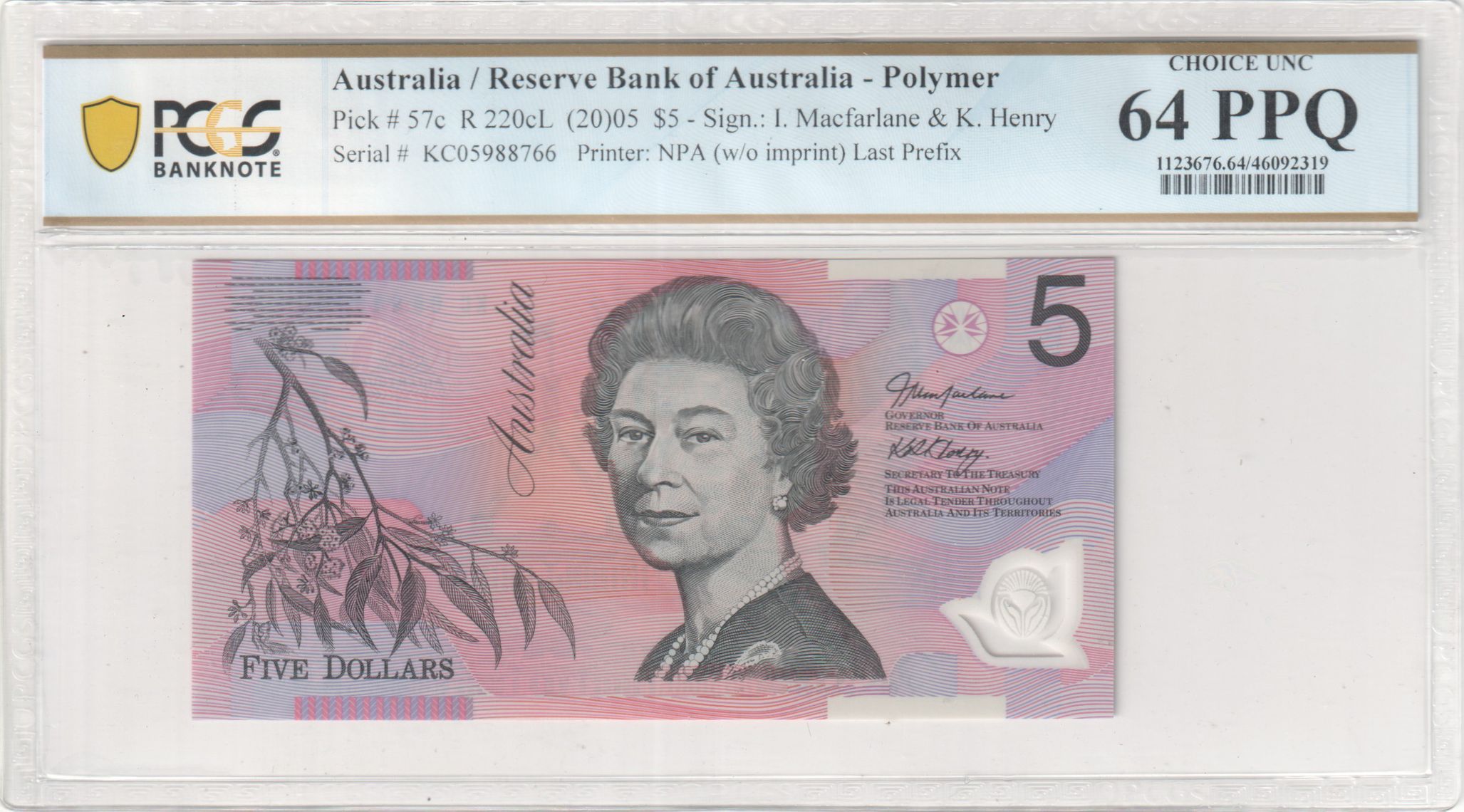Macfarlane/ Henry, Last Prefix, Five Dollar, 2005, PCGS Choice UNC 64 PPQ