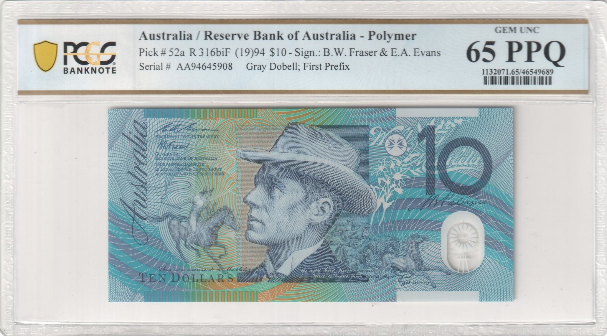 Fraser/Evans, First Prefix, Ten Dollar, 1994, PCGS Gem UNC 65 PPQ