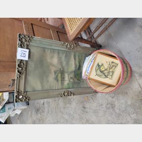 Antique frame bushel basket and rainy day print