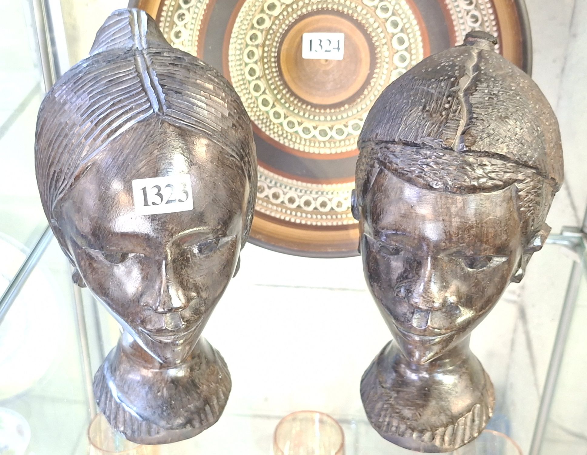 CARVED EBONY MALE AND FEMALE HEADS