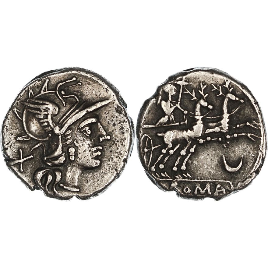 Roman Republic, Anonymous issue, Silver Denarius, 143 BC,  VF
