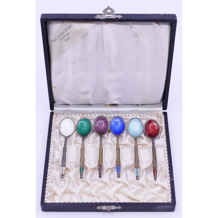 Set Anton Michelsen Denmark Enameled Spoons In Case - 43 Grams TW