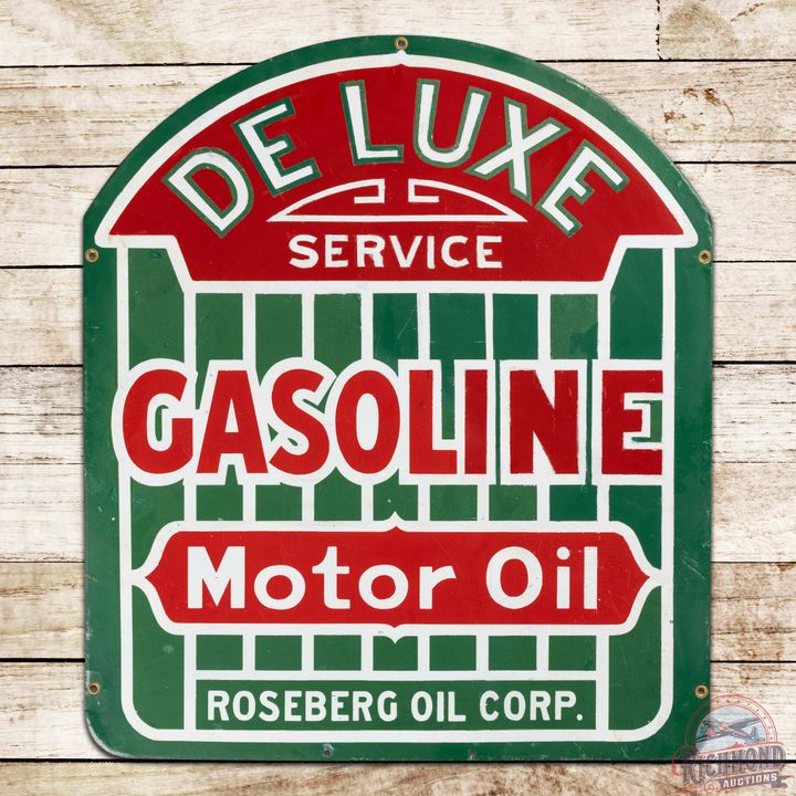 1920s Roseberg Oil Corp Deluxe Service Gasoline Double Sided Porcelain Sign California